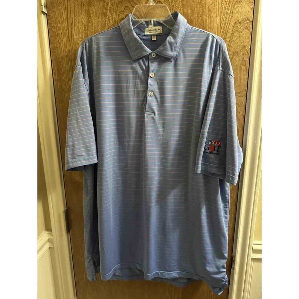 Peter Millar Summer Comfort Mens XL Polo Shirt Blue Pink Striped TX Golf Patch